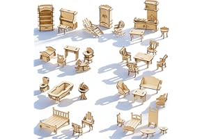 LOVEINUSA DIY Wooden Dollhouse Furniture Set, 3D Puzzle Miniature Room Accessories, Natural Wood
