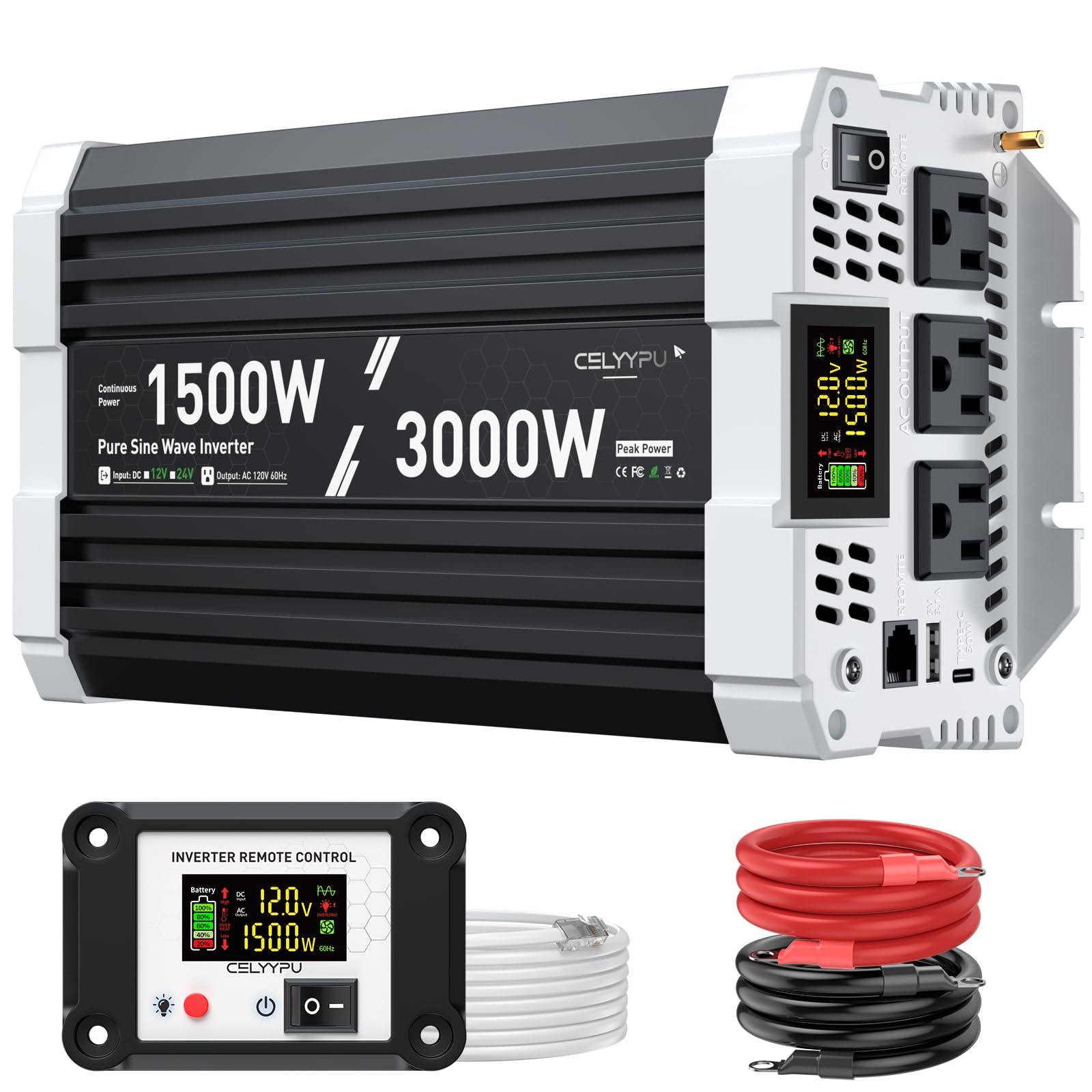 Photo 1 of 1500 watt Pure sine Wave Inverter, 12V DC to 110V AC Power Inverter, Used for Solar Emergency Power Supply in RV Homes, with 3 AC Output sockets, USB Port, Type-C Port, Remote Control with LCD Screen