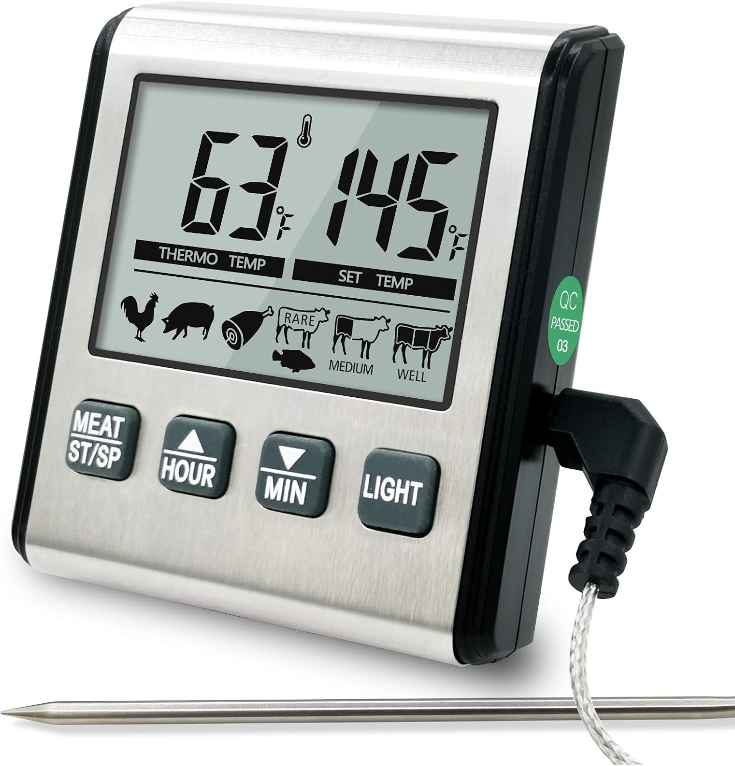 Digital Meat Thermometer for Cooking - Instant Read Food Thermometer with Stainless Steel Probe,Timer for Kitchen,Oven Safe,BBQ,Grill,Smoker