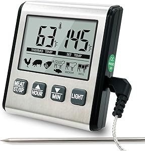 Digital Meat Thermometer for Cooking - Instant Read Food Thermometer with Stainless Steel Probe,Timer for Kitchen,Oven Safe,BBQ,Grill,Smoker