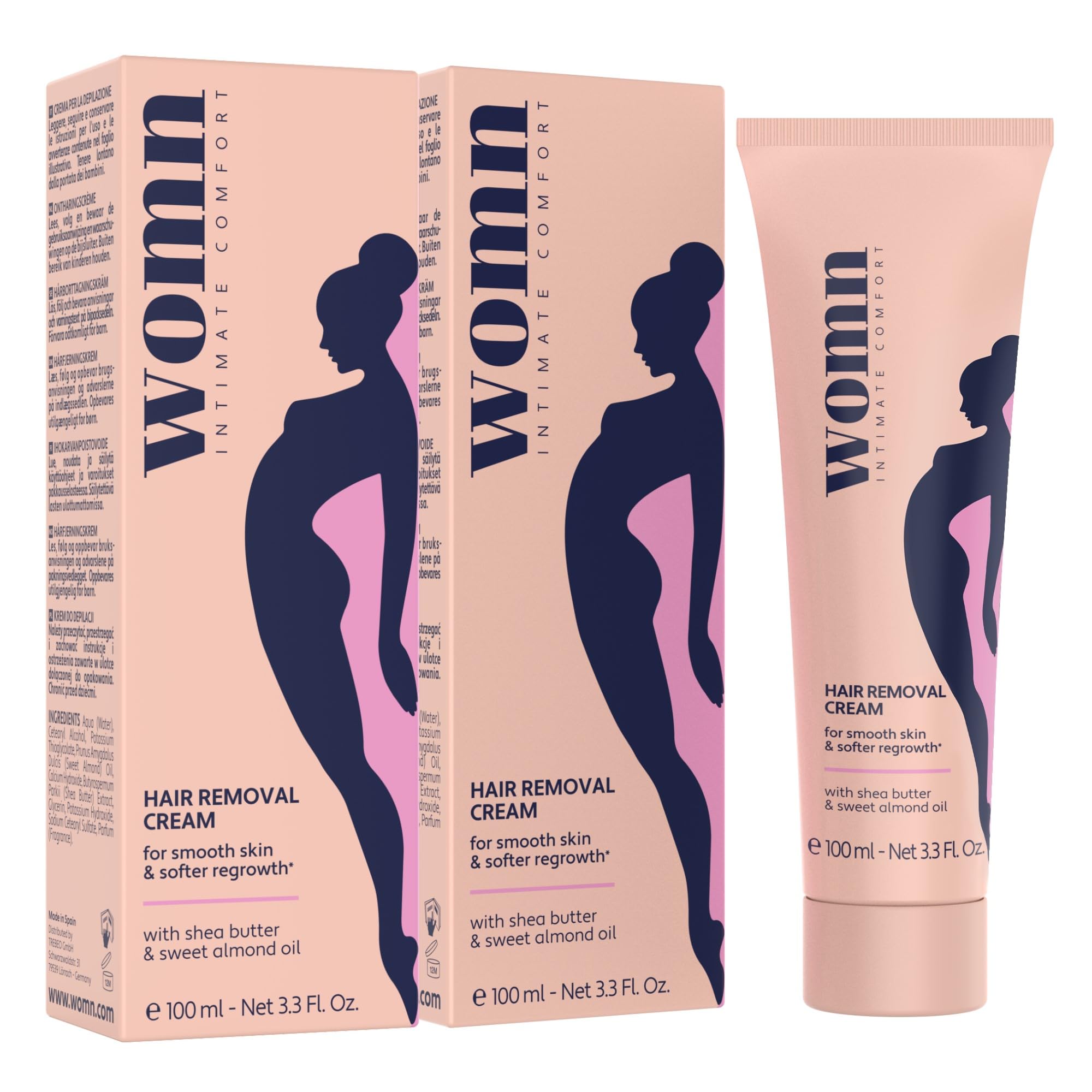 womn Hair Removal Cream Pack of 2 (2 x 100 ml) – Gentle and Effective Hair Removal for Intimate Area, Bikini Line and Underarms – No Cuts or Razor Bumps, Dermatologically Tested