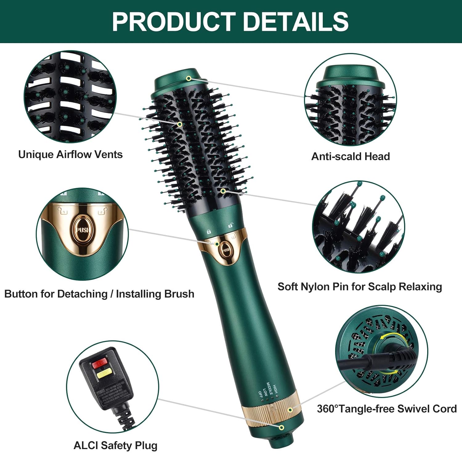 Hair Dryer Brush, Interchangeable Brush Head Hot Air Brushe Set, 4 in 1 Hair Dryer and Volumize with Negative Ion Reduce Frizz and Statics for Curling, Drying and Straightening (Green): Health & Personal Care