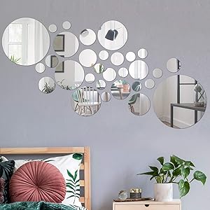 COCIVIVRE Mirror Wall Sticker, Circle DIY Round Wall Stickers for Wall Decoration 30pcs, Reflective Removable Adhesive Acrylic Wall Sticker Decal for Room Bedroom Tiles Aesthetic Wall Decor, Silver