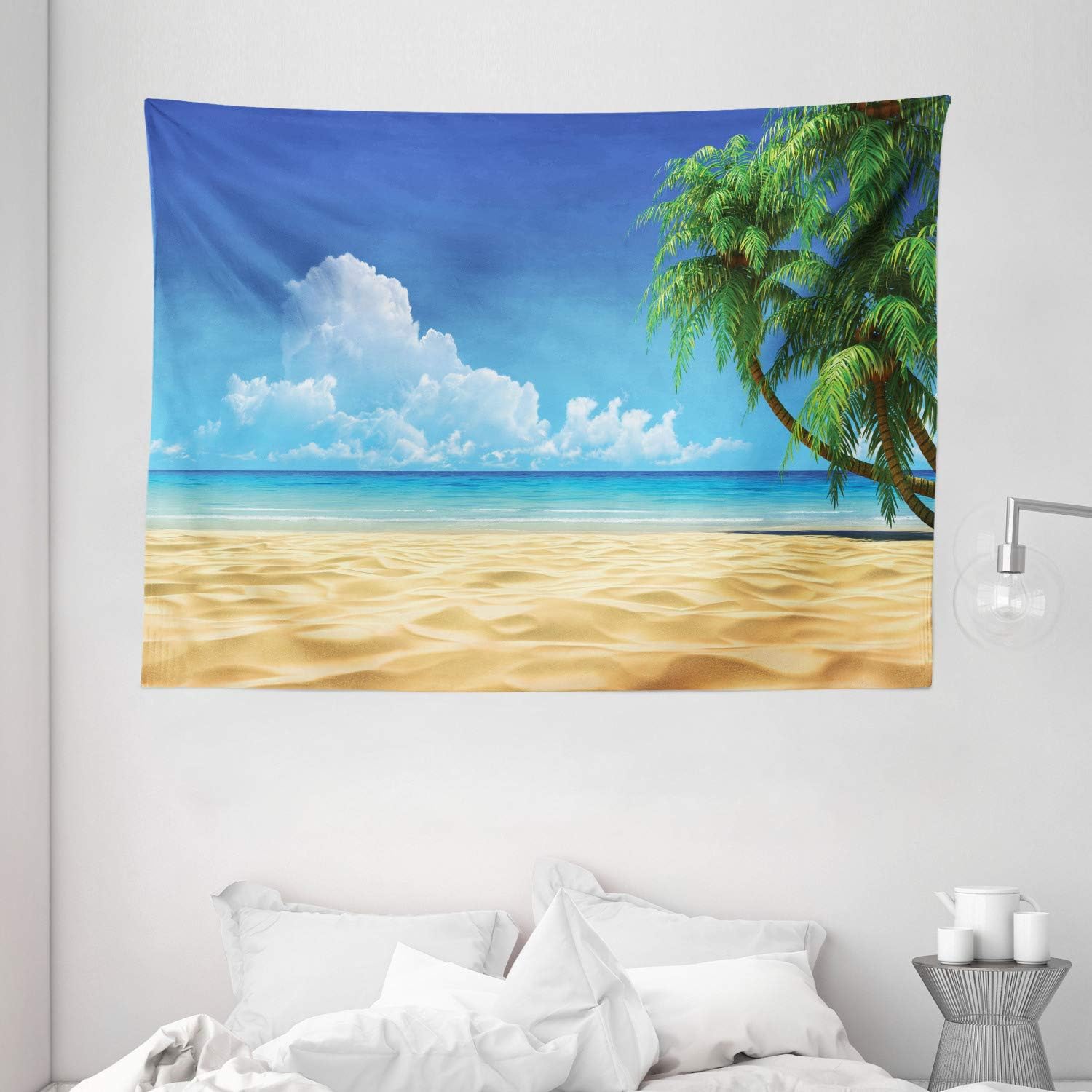 Ambesonne Ocean Tapestry, Palm Tree Leaves in The Tropical Sand Beach Sea Landscape Graphic Print, Wide Wall Hanging for Bedroom Living Room Dorm, 80" X 60", Cream Green