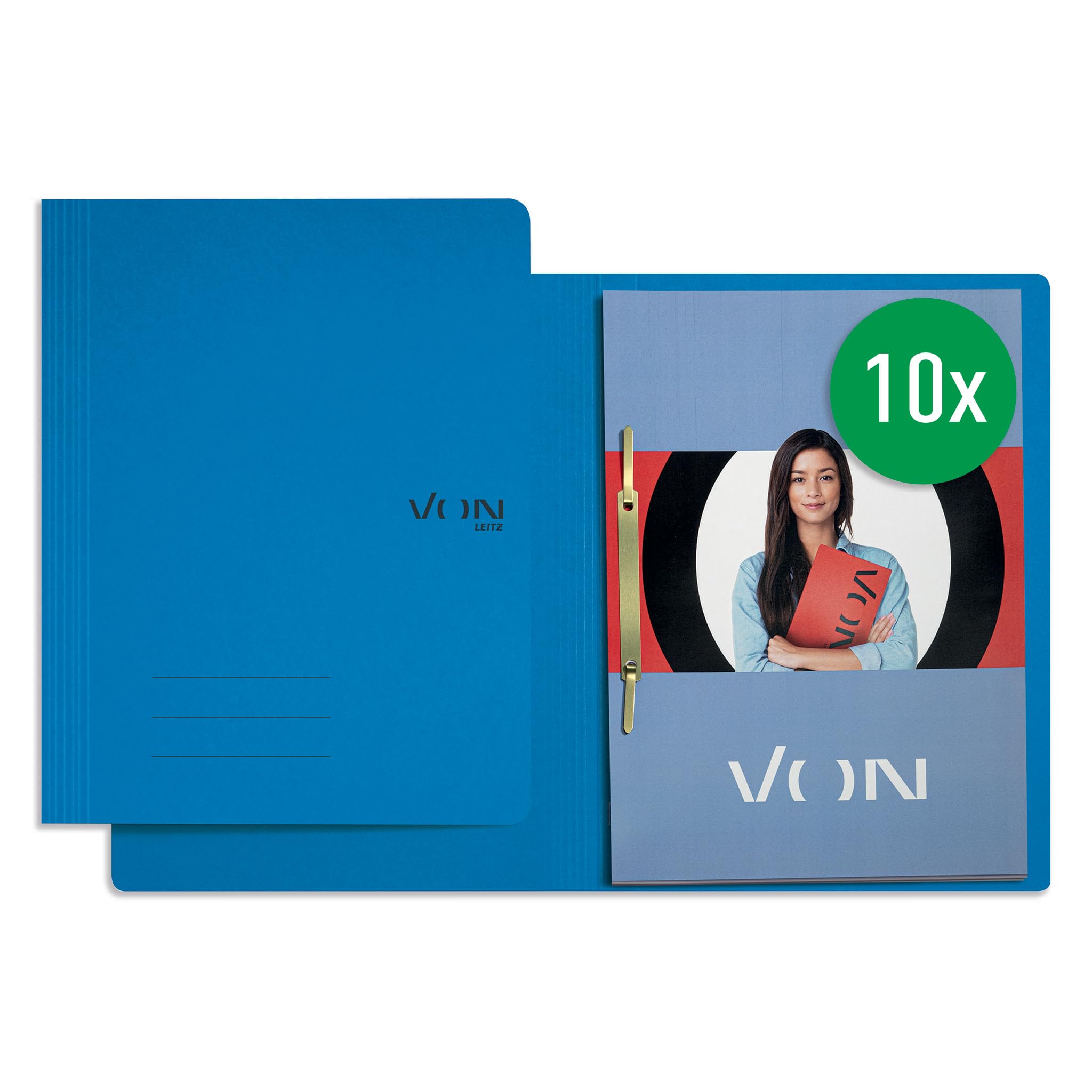 VON Pack of 10 A4 File Folders, Cardboard, with Stapling Mechanism, for 250 Sheets, by Leitz, with Soft Cover, for School, Study and Home, Blue, 30130035