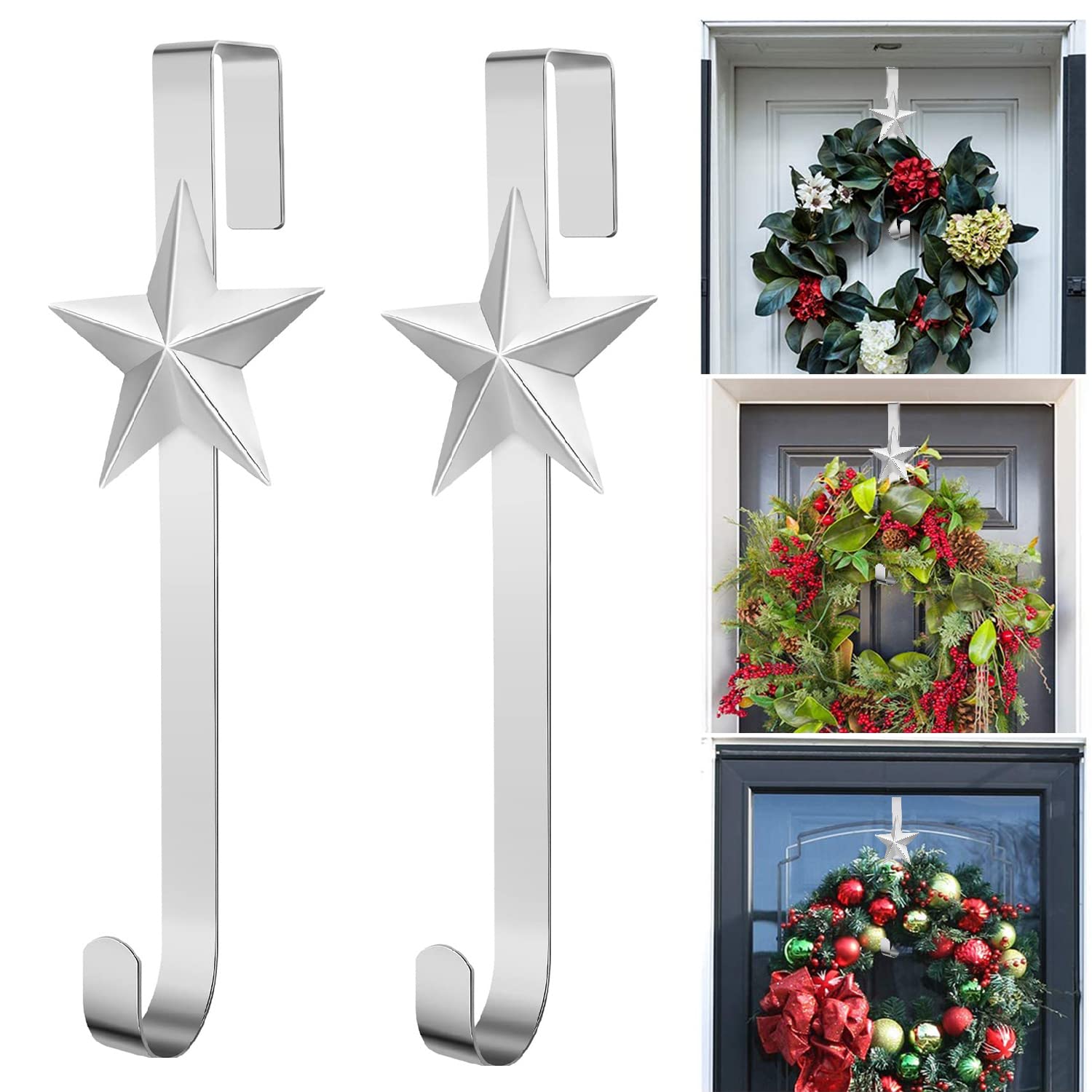 Hutato 2Pcs Christmas Wreath Hanger for Front Door, 15in Large Metal Wreath Reef Door Hanger Hook Decor Hook for Xmas Party Decor Door Wall Home Office (Silver Star)