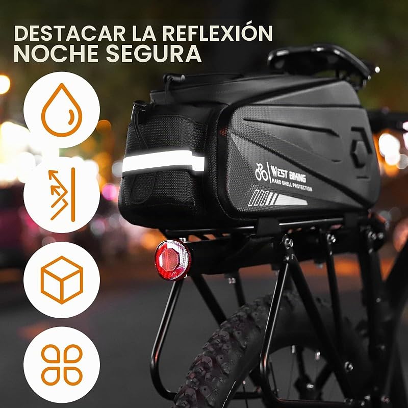 - Bolsa para portaequipajes de Bicicleta, 8,6 L, Doble Cremallera Resistente al Agua, alforja Posterior Impermeable, Bolsa de Carga con Correa y Funda para Lluvia, para Ciclismo