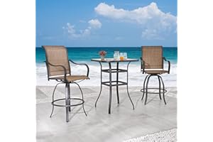 Festival Depot 3 Pcs Patio Bistro Set 360° Swivel Chairs with Bar Height Table with Tempered Glass Top Outdoor Furniture for Deck (Brown)