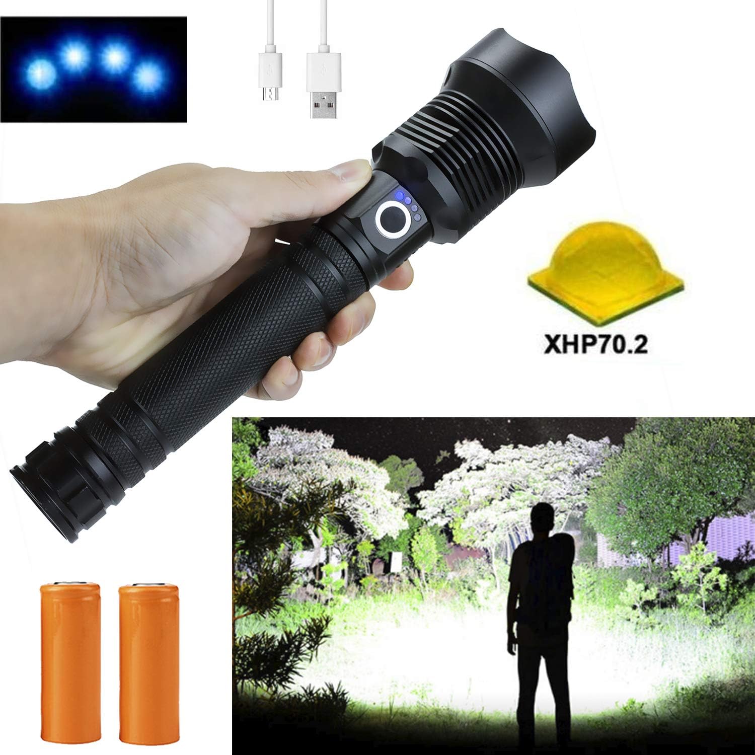 Rechargeable Flashlights High Lumens, 90000 Lumens Super Bright Led Flashlight Powerful Tactical Flashlight with Batteries Included, Zoomable, 3 Modes, Waterproof Flashlight for Emergencies, Camping: Home & Kitchen