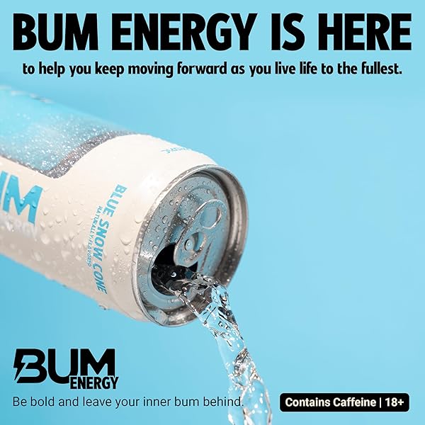 BUM SUGAR-FREE ENERGY DRINK, BLUE SNOW CONE – LIGHTLY CARBONATED & NO ARTIFICIAL COLORS, NATURAL CAFFEINE & CITICOLINE FOR ENERGY & FOCUS, BRAIN BOOST & WORKOUT SPORTS BEVERAGE – 12 OZ, PACK OF 12