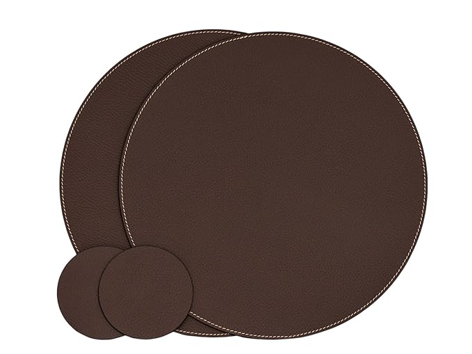 Nikalaz Rund Platzsets und Untersetzer aus Recyceltem Leder, 2 Stück Tischsets, Platzdeckchen 33 cm und Untersetzer 10cm (BRA