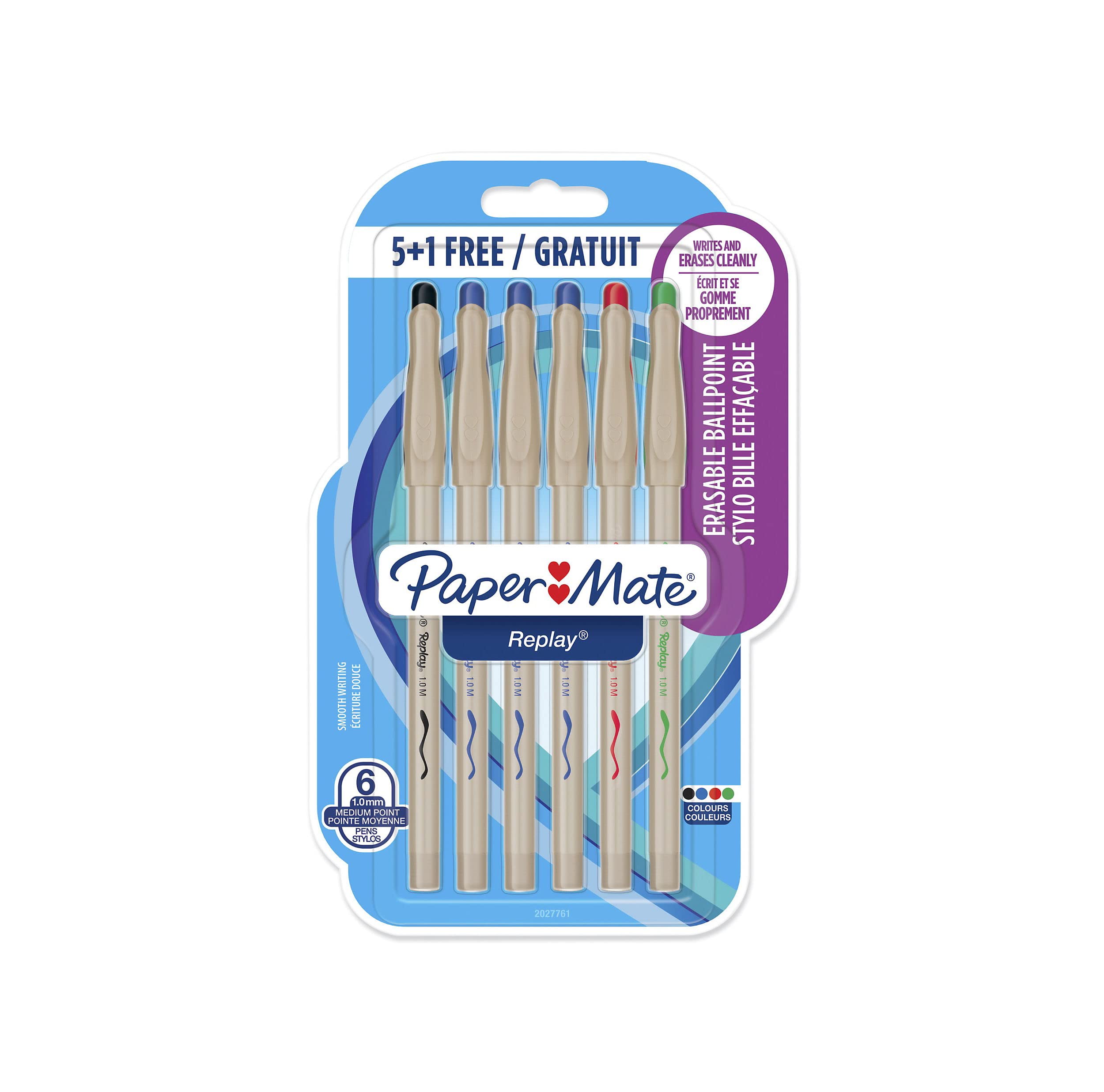 Paper Mate Replay Erasable Ballpoint Pen | Medium Point (1.0mm) | Assorted Colours | 6 Count