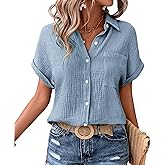 MAGIMODAC Womens Cotton Button Down Shirt Rolled Cuffed Short Sleeve Blouse Ladies Summer Casual V Neck Beach Cotton Tops