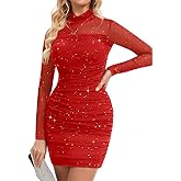 Meetjen Women's Ruched Bodycon Dress Sheer Mesh Long Sleeve Mock Turtleneck Sexy Sequin Mini Cocktail Club Party Dresses