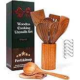 Perfekitsup Wood Spoons for Cooking,9 Pcs Natural Teak Wooden Cooking Utensils Set with Holder & Spoon Rest, Soft Comfort-Grip Wooden Kitchen Utensil Set for Non-Stick Cookware