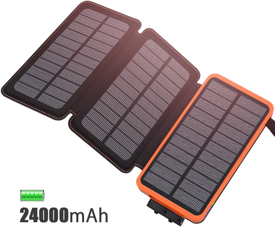 FEELLE Solar Charger 24000mAh, Portable Power Bank with 3 Solar Panels