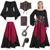 Hillban Women Renaissance Costume Dress Accessories Set | Medieval Ren Faire Outfit with Corset Belt, Pouch &amp; Potion Bottle, Blouse Dress Set, Peasant Wench Halloween Cosplay