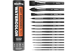 Nicpro 15 PCS Professional Watercolor Paint Brush Set, Artist Soft Synthetic Fine Squirrel Paint Brushes - Round Tip, Flats, 