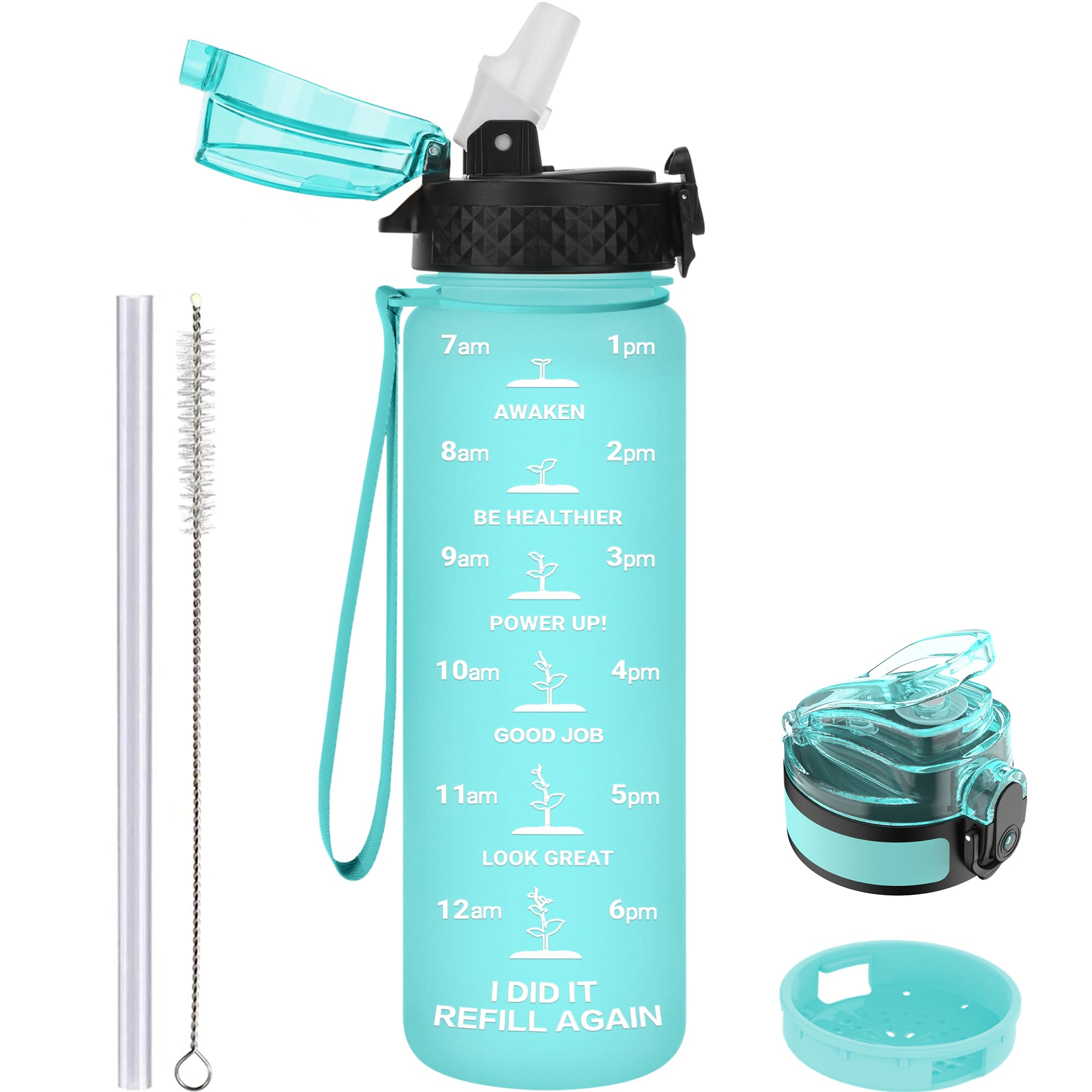 GOPPUS 500ml/17oz Kids Water Bottles with Straw Tritan Childrens Bottle with Flip Top Lid BPA Free Measured Drinks Bottle with Strap Sports Reusable Time Markings Leakproof (Green)