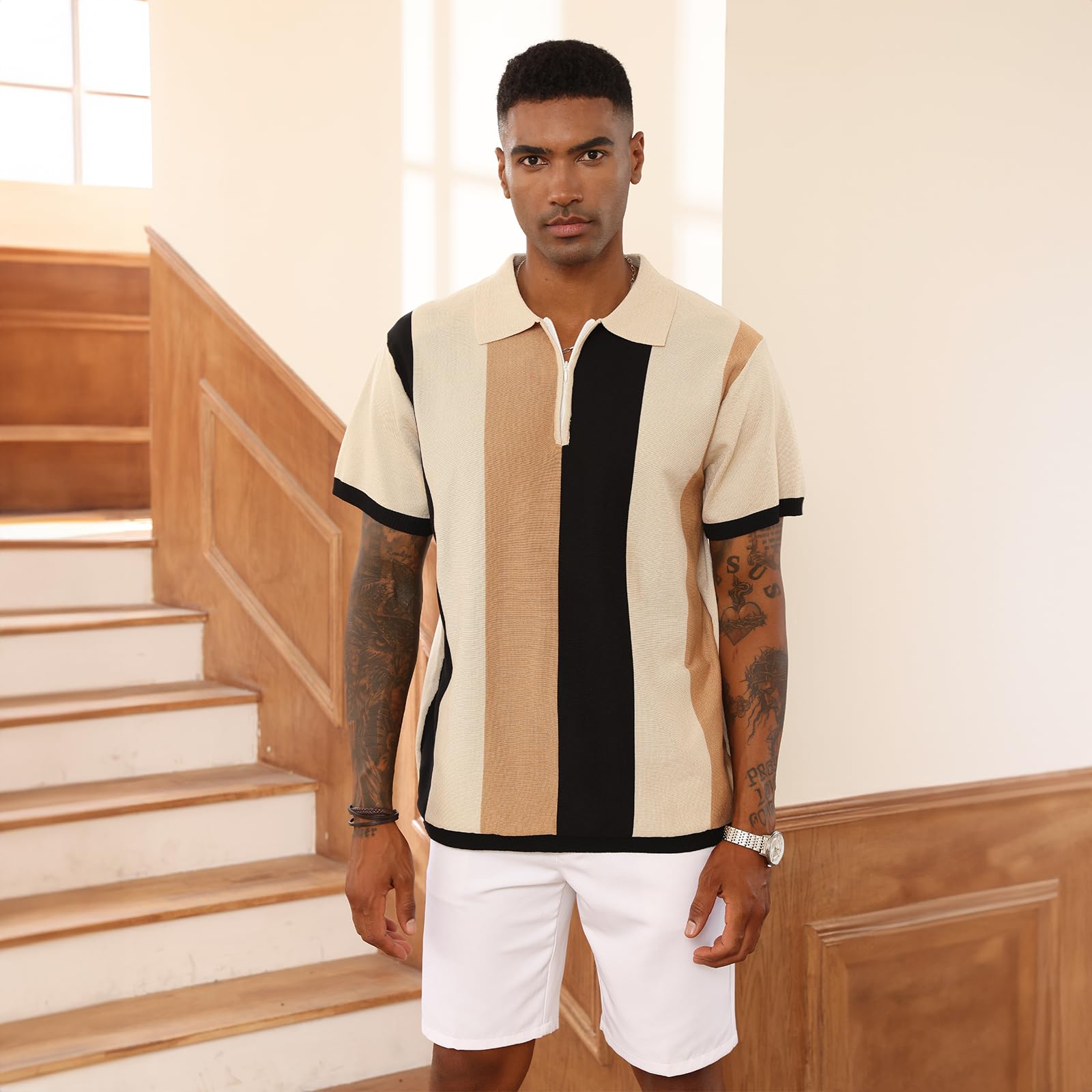 Men's Fashion Polo Shirts Vintage Striped Knitting Shirts Casual Slim Fit Golf Shirts