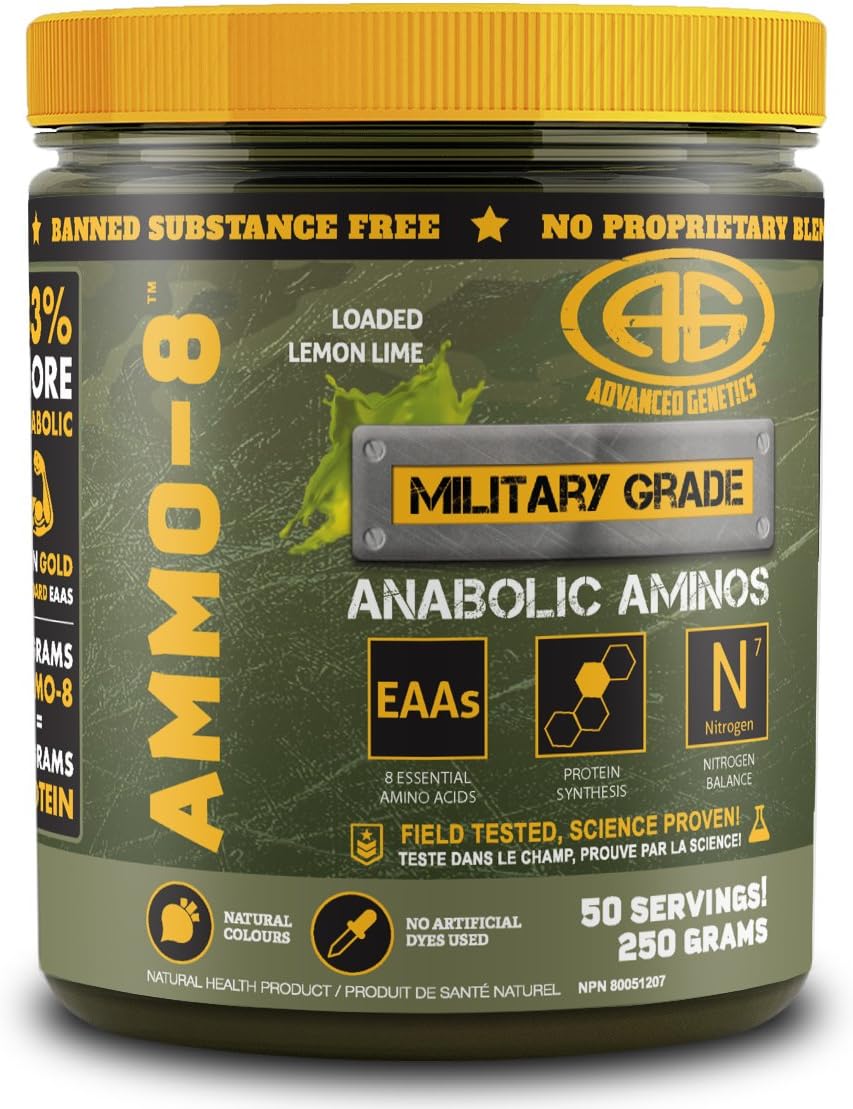 Advanced Genetics Ammo-8 Essential Amino Acids, 1 Selling EAA Formula – Sparks Protein Synthesis Halts Muscle Breakdown, and More – Lemon Lime Flavor (50 Servings)