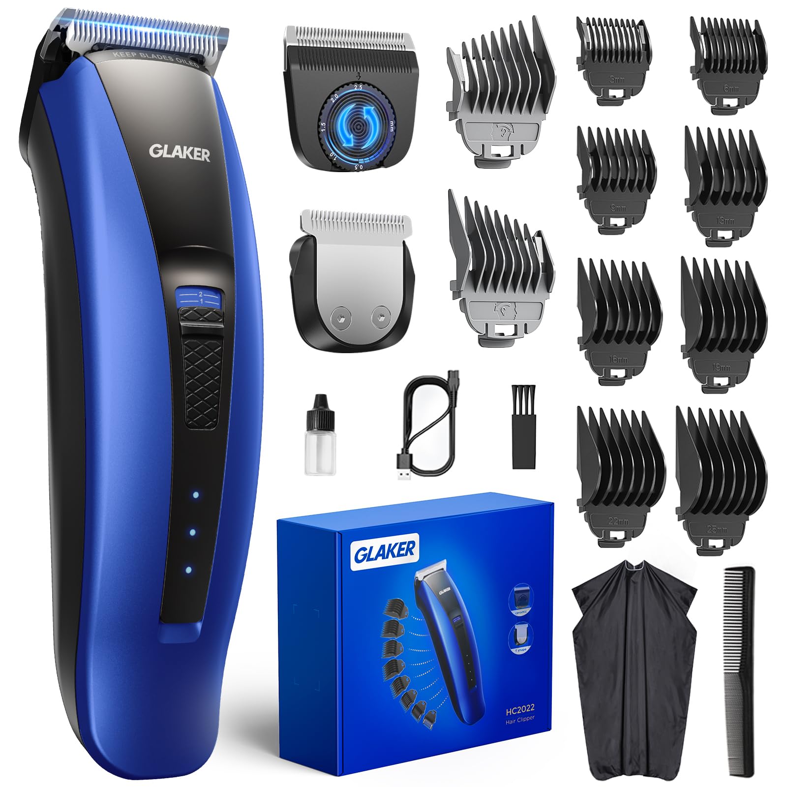 GLAKER Hair Clippers for Men - Cordless 2 in 1 Versatile Hair Trimmer with 10 Guards, Detachable Blades & Turbo Motor, Professional Mustache Grooming Kit for Barbers, USB C Rechargeable