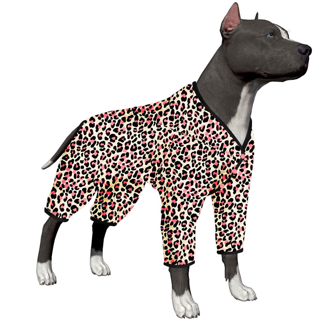 LovinPet Large Dog Clothes Post Surgery Wear/Double Brushed Stretch Knit Cheetah Neon Pink Prints/UV Protection, Pet Anxiety Relief, lightweight Pullover Pet Pajamas/Full Coverage Dog Pjs