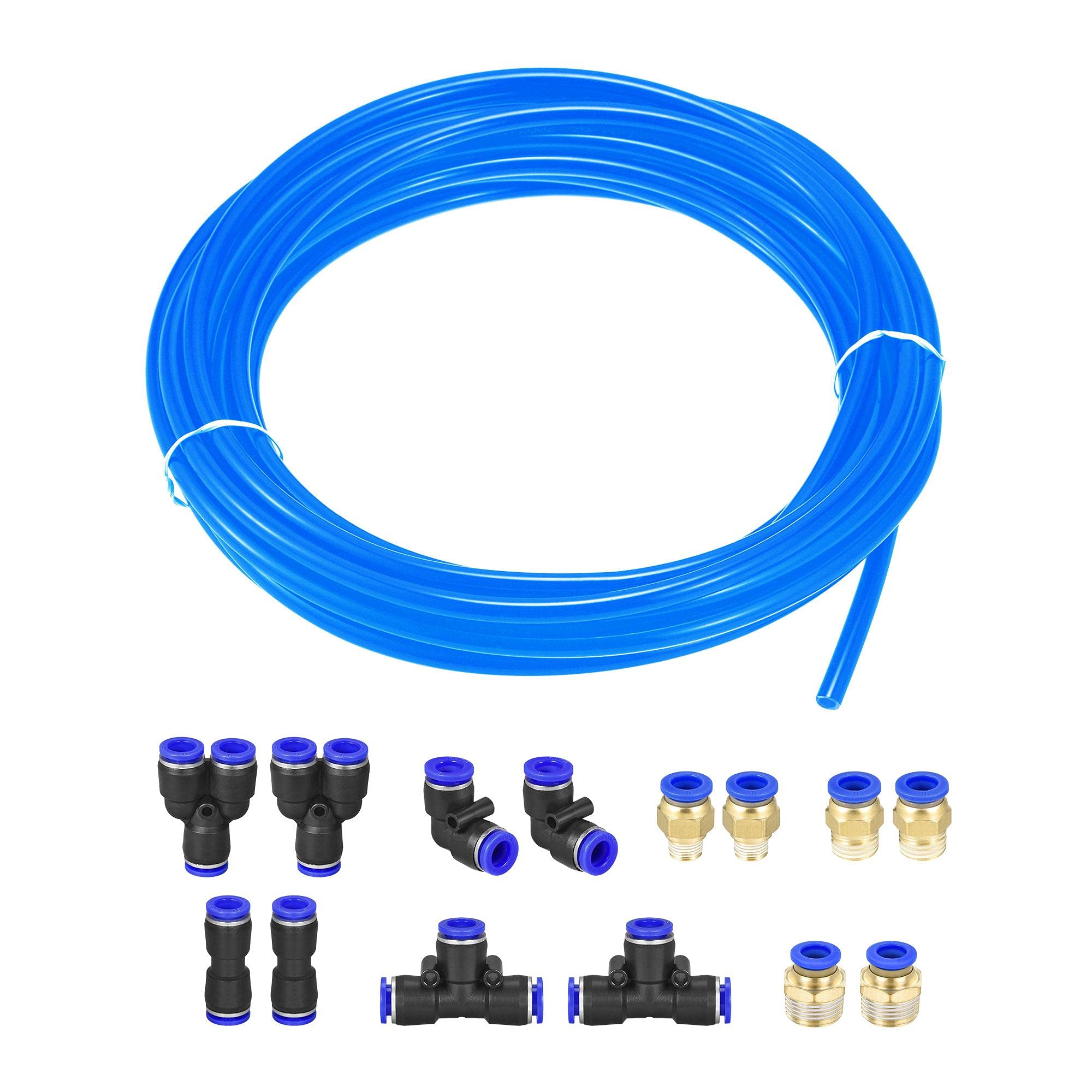 sourcing map Pneumatic Air Hose Tubing PU Air Compressor Tube 5mmID x 8mmOD x 10m Pipe Blue with 7 Type Connect Fittings