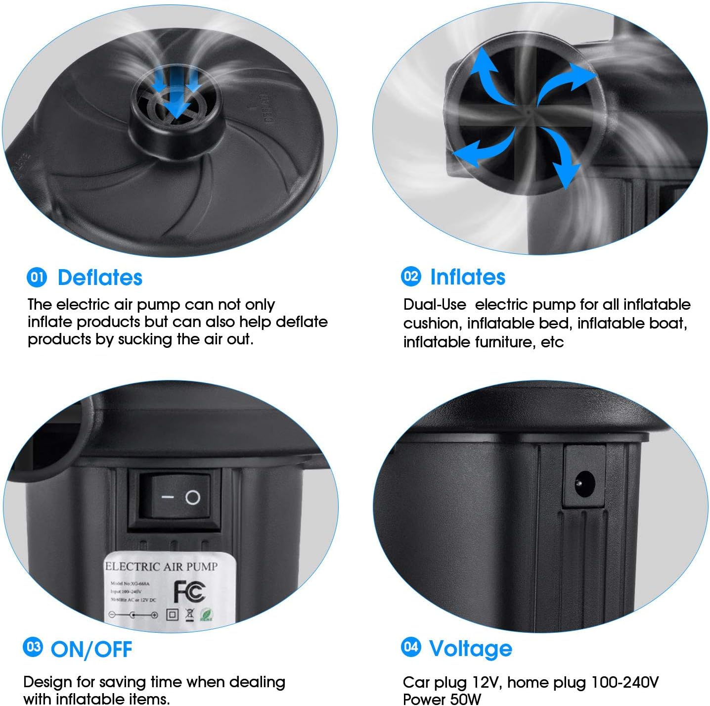 Air Pump for Air Mattress, Air Mattress Pump for Inflatables, Quick Fill Inflator Deflator Air Pump Perfect for Outdoor Camping Inflatable Boat Blow Up Pool Water Toy Car Air Bed: Sports & Outdoors