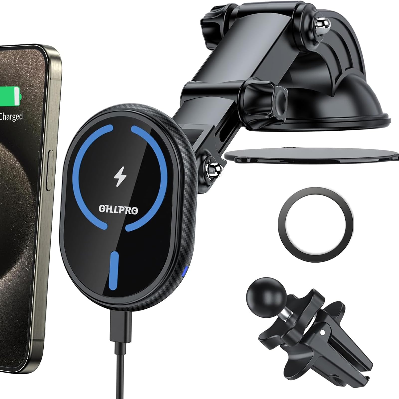 OHLPRO for Magsafe Car Mount Charger Magnetic Wireless Charger, Compatible with iPhone 15/14/13/12 Series Car Phone Holder Adjustable Telescoping Arm Suction Windshield/Dashboard/Dash/Air Vent
