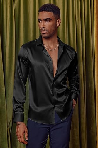 PJ PAUL JONES Men's Shiny Satin Dress Shirts Long Sleeve Button