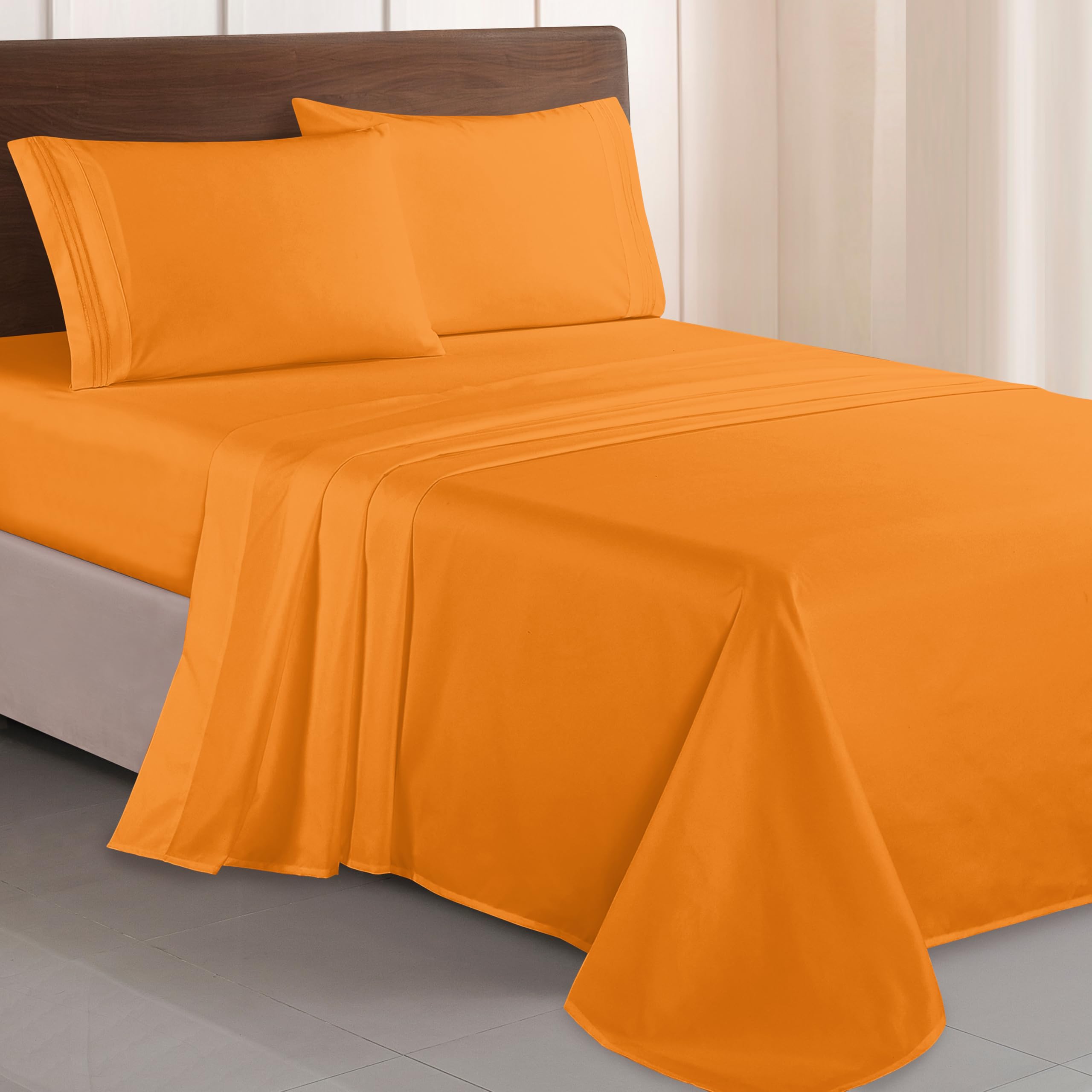 Elegant Comfort Luxurious 1500 Premium Hotel Quality Microfiber Three Line Embroidered Softest 4-Piece Bed Sheet Set, Wrinkle and Fade Resistant, King, Orange