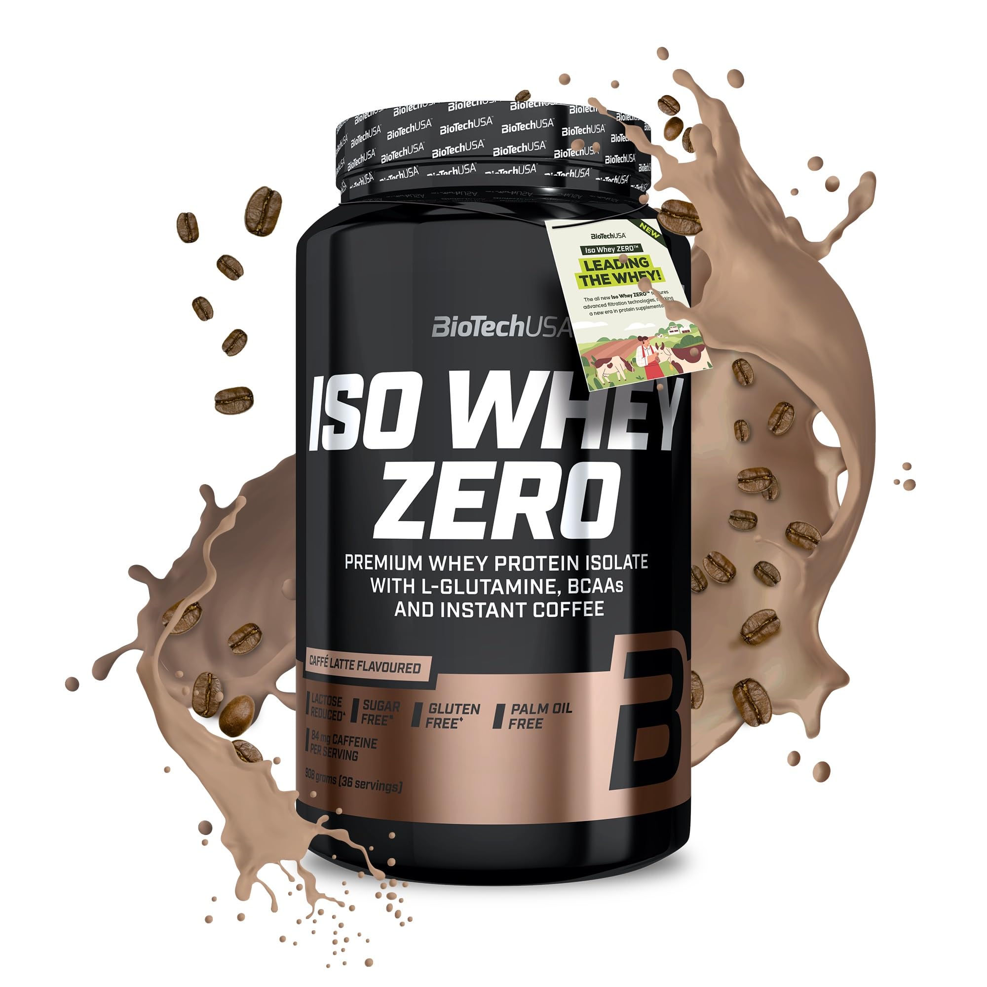 BioTechUSA Iso Whey Zero | Premium Whey Protein Isolate | Grass-Fed | Enzyme-Free | Sugar- and Gluten-Free, 908 g, Caffé Latte