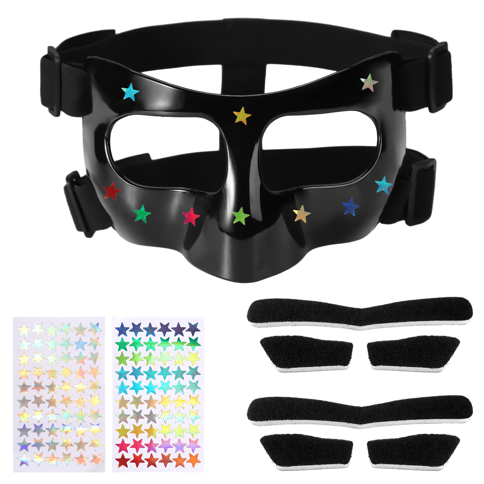Nose Guard for Broken Nose, 5.9x3.74 in Adjustable Face Shield with Pads Star Stickers Guard Sports Training Face Mask Nose Protector for Kids Adults Teens Basketball Soccer Baseball Football(Black)