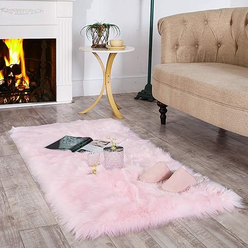 Carvapet Luxury Soft Faux Sheepskin Fur Area Rugs for Bedside Floor Plush Mat Sofa Cover Seat Pad for Living Room Bedroom, 2.3ft x 5ft,Pink