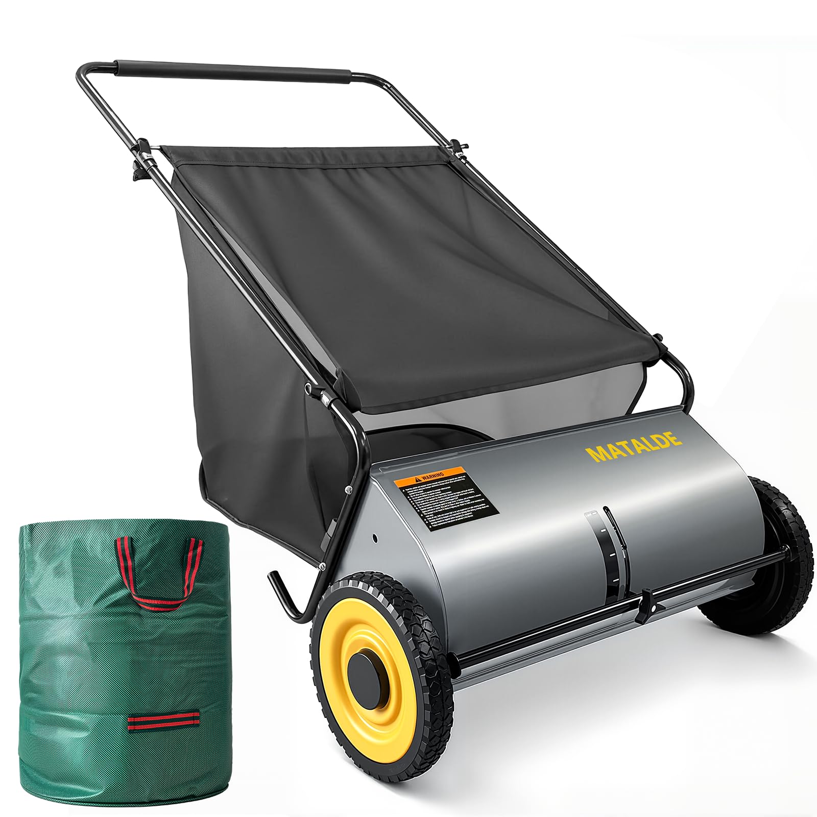 Photo 1 of MATALDE 26" Push Lawn Sweeper with 7.5 cu. ft Mesh Collection Hopper Bag, 100L Leaf Bag, 4 Adjustable Height Spinning Brushes, Steel Frame & Rubber Wheels – Quick Cleaning for Leaves and Grass,Grey