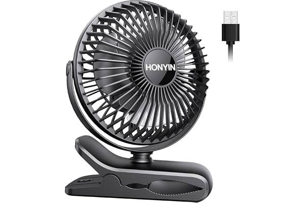 HONYIN 720° Rotation Small Desk, Hang & Clip on Fan by USB Plug In | Sturdy Clamp, 3 Speeds, Quiet Little Personal Cooling Fa
