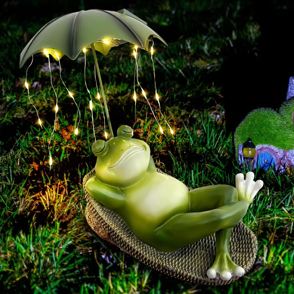 IXYHKB Solar Frog Garden Ornaments Outdoor, Solar Garden Statues Miniature Frog Figurine, Waterproof Solar Frog Statues Garden Decor, Solar Frog with Umbrella Outdoor Ornaments for Patio, Yard, Garden