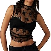 Naileksi Women Sleeveless See Through Lace Mesh Crop Top Mock Neck Ruched Side Slim Fit Floral Sheer Cropped Tank Top