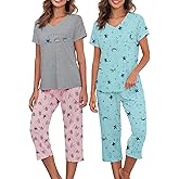 Zando 2 Pack Womens Pajama Sets Cotton Pajamas for Women Set Summer Pj Sets Short Sleeve Sleepwear Tops With Capri Pants