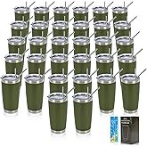 IEOVIEE 32 Pack, 20oz Stainless Steel Bulk Tumblers with Lids and Straws, Double Wall Insulated Travel Coffee Mug, Durable Powder Coated Tumbler Bulk Cup for Cold and Hot Drinks(Army Green)