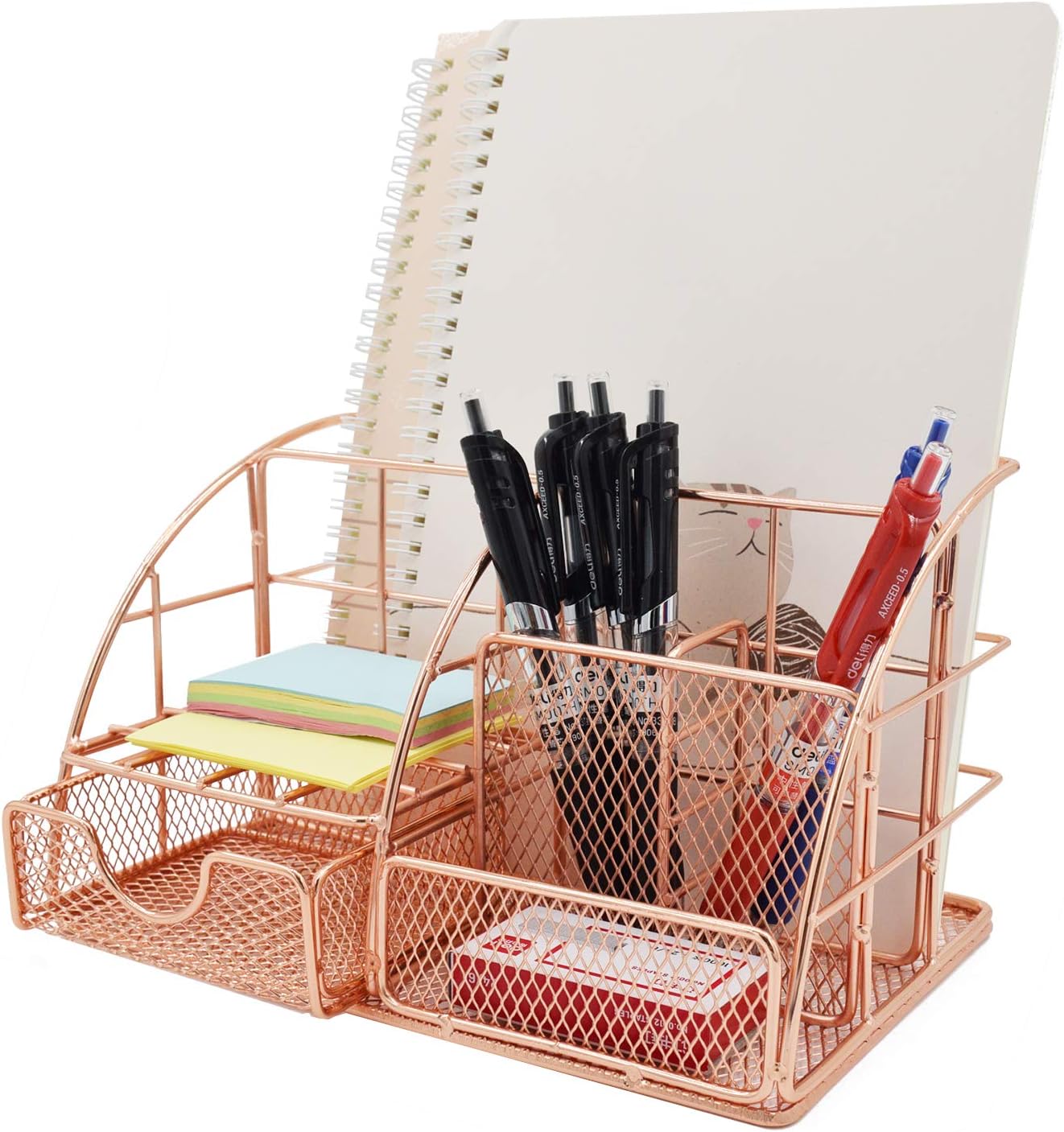 Rose Gold Desk Organizer with Drawer,File Tray and 4 Upright Sections for Pen,Marker,Paper etc, Mesh Metal Multi-Use Stationery Desktop Organizer for Office,School,Home: Home Improvement