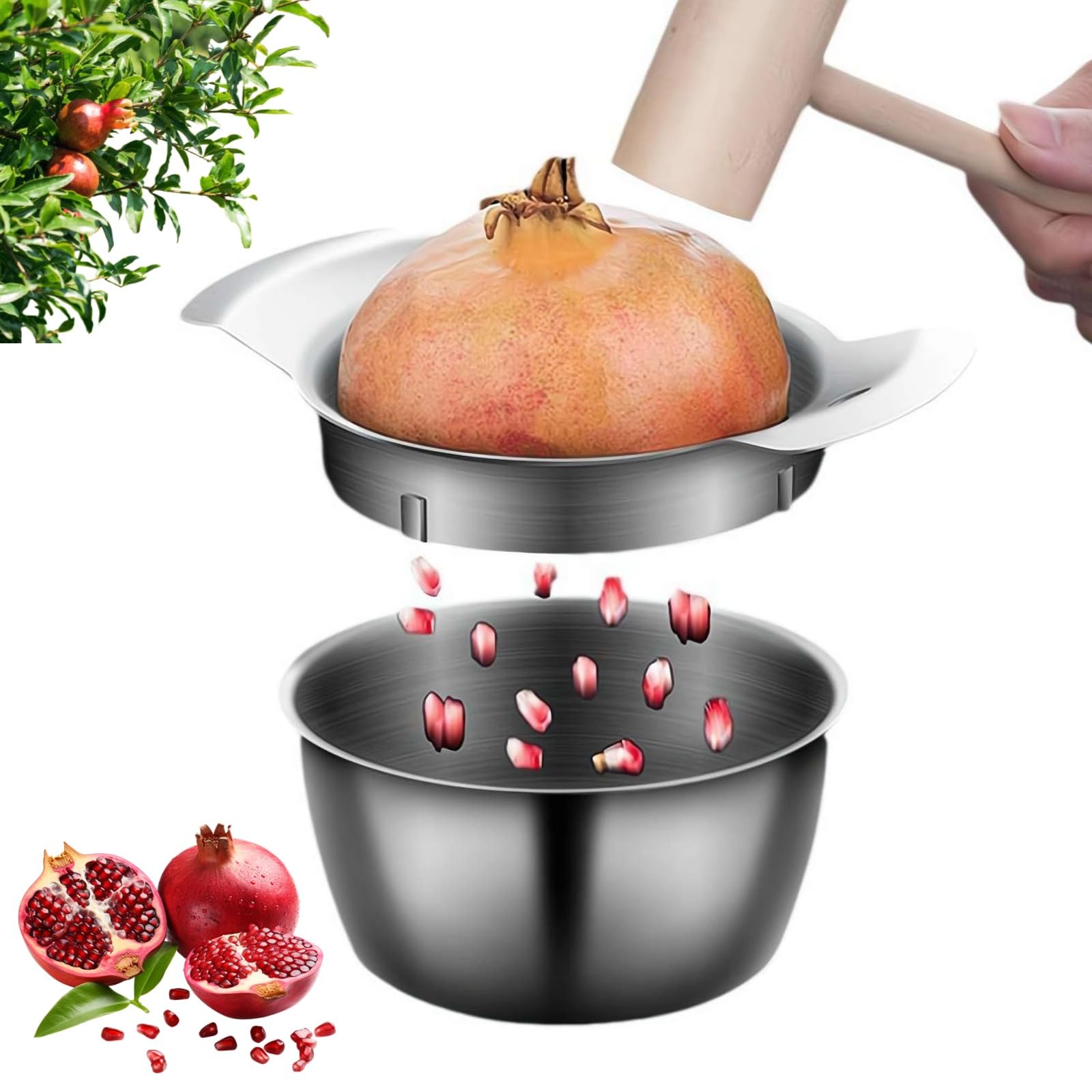 Photo 1 of ***POSSIBLY FOR PARTS/ DOESN'T FUNCTION PROPERLY*** Pomegranate Peeler 2024, Stainless Steel Pomegranate Deseeder, Efficient Peeling, Pomegranate Peeler Tool for Home Kitchen, Anti-Slip Pomegranate Seed Remover with Stainless Steel bowl and Hammer