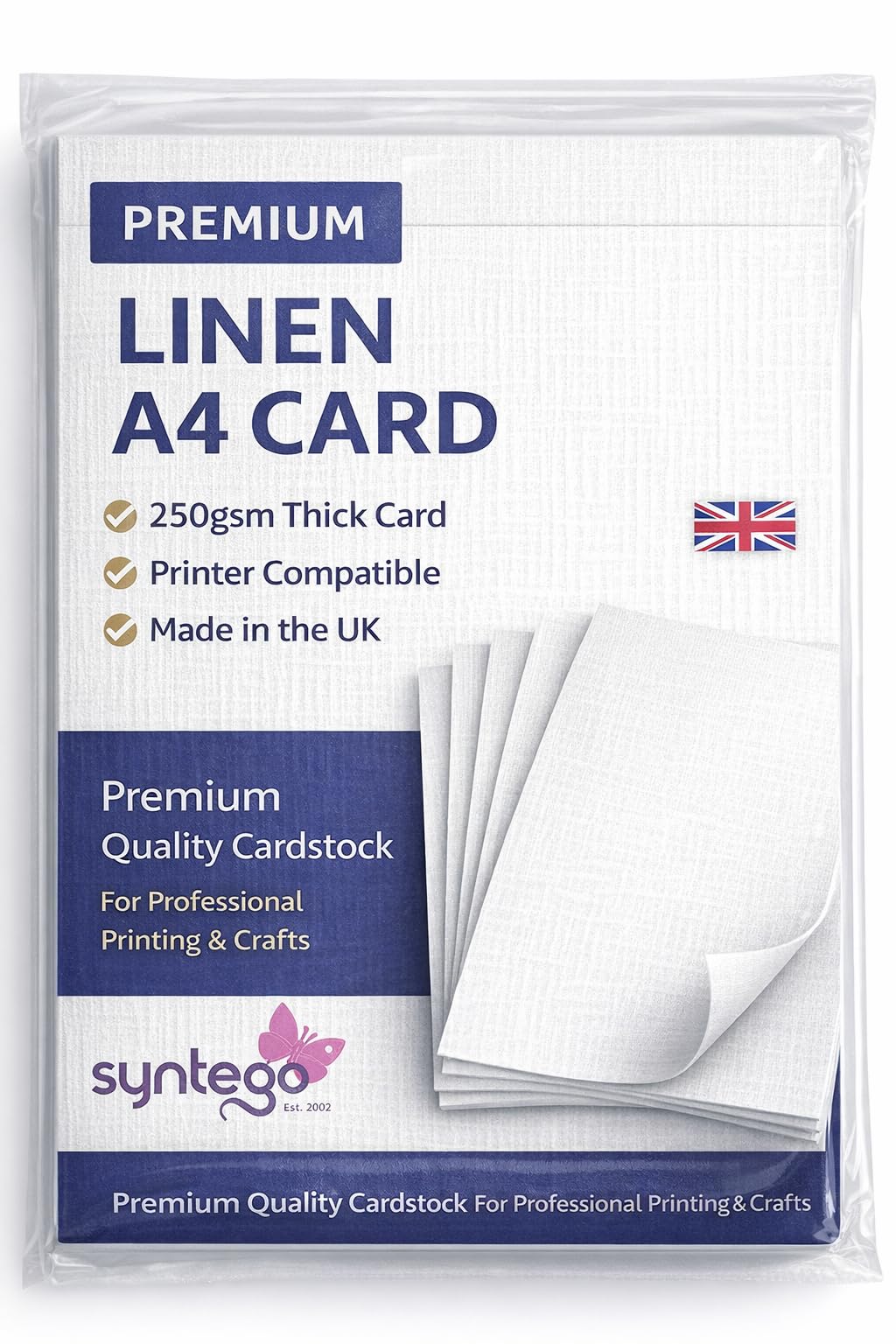 Syntego A4 Linen Card 250gsm – Recycled Silkweave Textured Card for Printing, Invitations, Menus & Crafts (50, White)