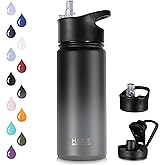 HASLE OUTFITTERS Insulated Water Bottle 16 oz Double Wall Vacuum Stainless Steel Water Bottle kid Leak Proof for School Wide Mouth with Straw Lid & Spout Lid Keeps Cold and Hot(Black and Gray,1pack)