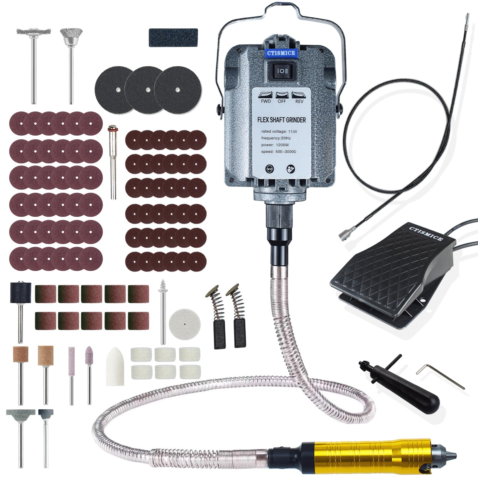 Photo 1 of CTISMICE 1200W Flex Shaft Grinder Electric Rotary Tool Supporting Forward and Reverse Rotation, Flexible Shaft Machine Kits with Variable Speed Foot Switch and 110pcs Attachments for Grinding Sanding