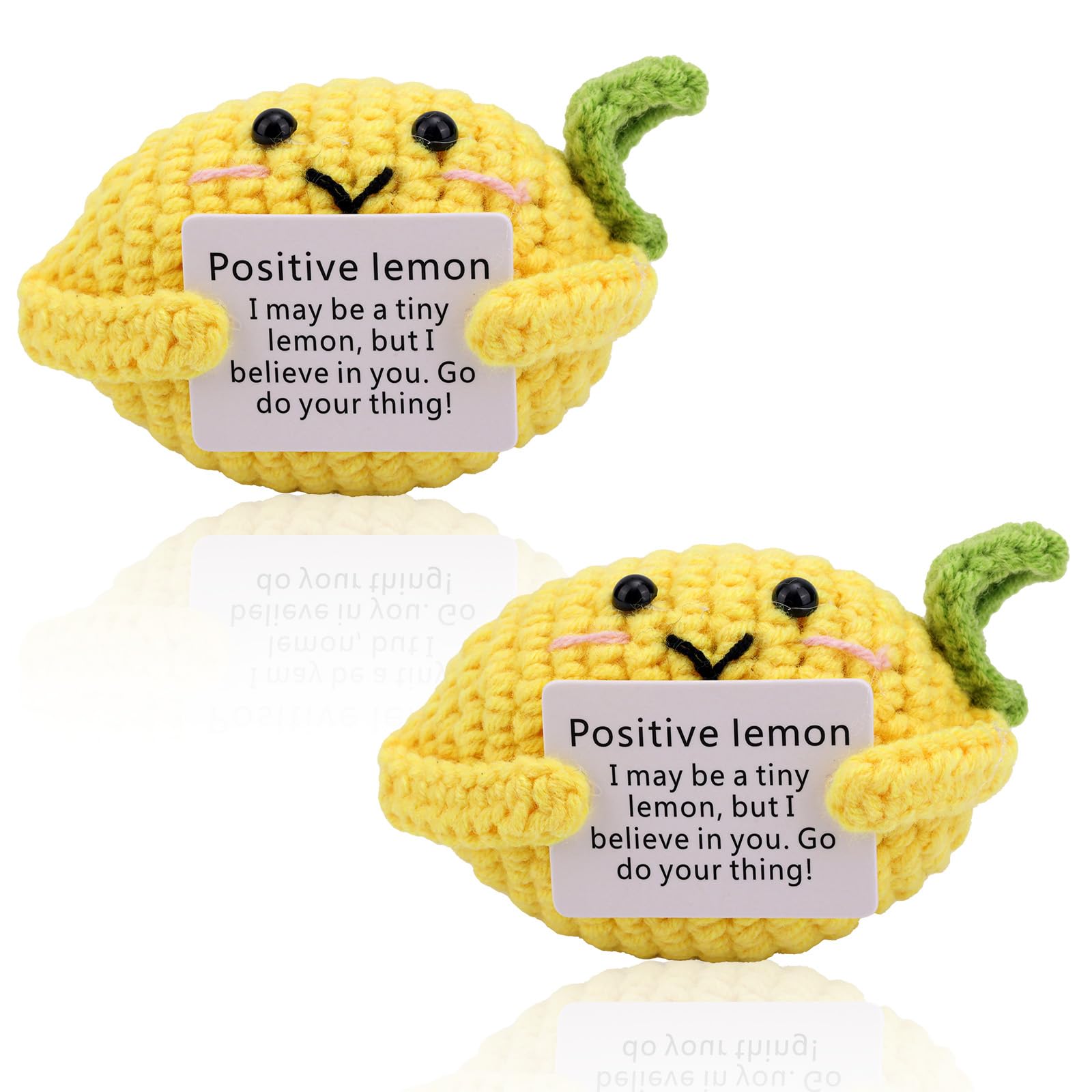 TOYMIS 2pcs Funny Positive Lemon, 4in Cute Knitted Lemon Doll with Emotional Encouragement Card Cheer up Crochet Fruit Toy Motivational Support Gift for Friends Home Office Decoration