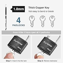 Puroma 4 Pack Keyed Padlock with 6 Keys Alike, 1.1
