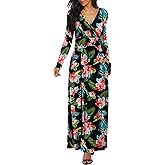 LILBETTER Women Long Sleeve Deep V Neck Loose Plain Long Maxi Casual Dress