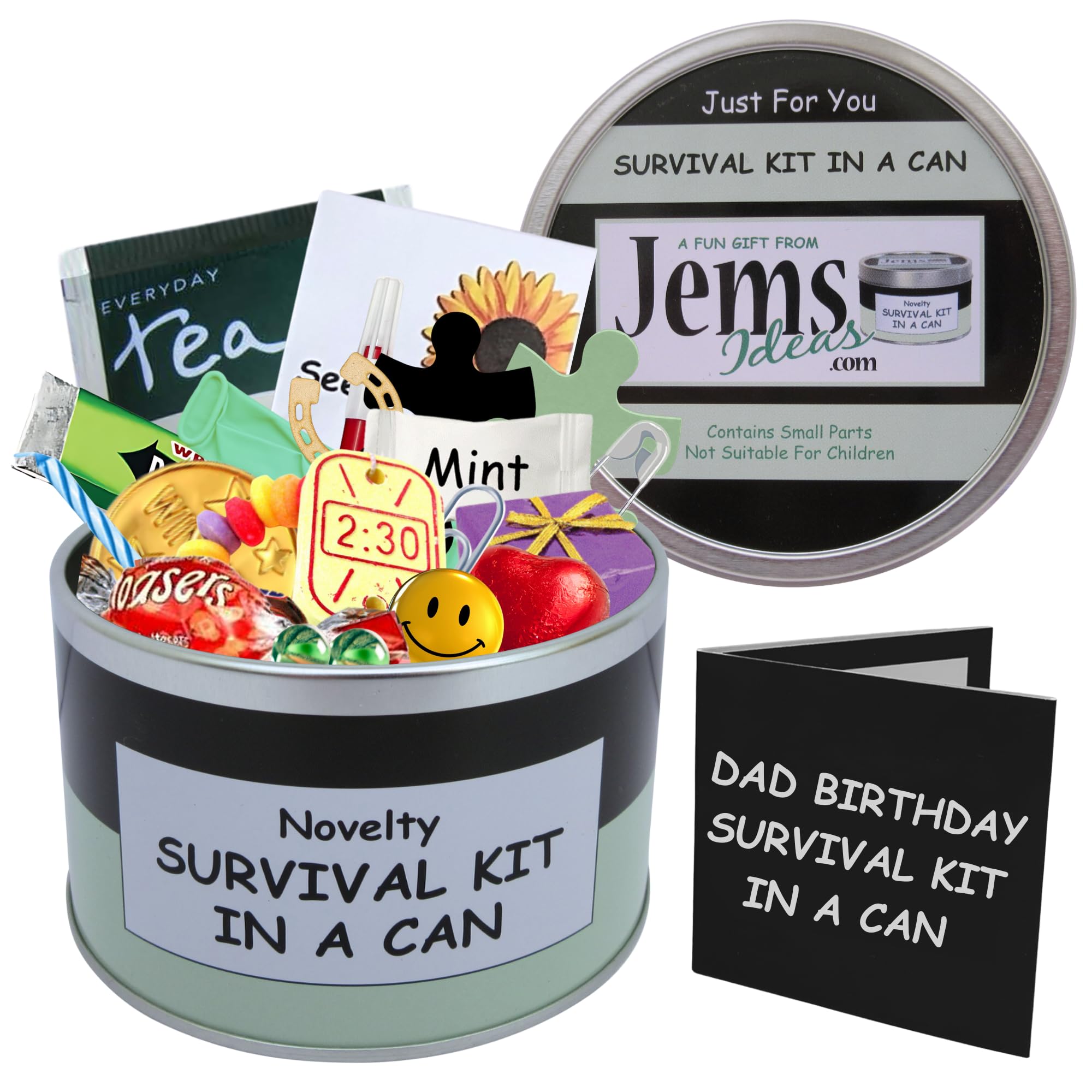 Dad Birthday Survival Kit In A Can. Novelty Fun Gift - Humorous Dad, Daddy, Father, Pops Present & Card All In One. Customise Your Can Colour. (Black/Mint)